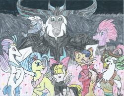 Size: 2189x1700 | Tagged: safe, artist:triforce-treasure, capper dapperpaws, captain celaeno, fizzlepop berrytwist, grubber, princess skystar, queen novo, songbird serenade, storm king, tempest shadow, cat, pony, seapony (g4), anthro, g4, my little pony: the movie, angry, anthro with ponies, armor, broken horn, chest fluff, clothes, coat, ear piercing, earring, eye scar, female, frown, happy, hat, horn, jewelry, looking at you, mare, open mouth, piercing, scar, traditional art