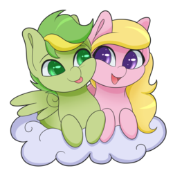 Size: 3600x3600 | Tagged: safe, artist:askamberfawn, oc, oc only, oc:lightning flash, oc:noodle, pegasus, pony, chibi, cloud, cute, high res, on a cloud, simple background, sitting, transparent background