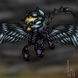 Size: 1000x1000 | Tagged: safe, artist:inspiration1413, rainbow dash, pegasus, pony, fallout equestria, g4, armor, clothes, costume, enclave armor, fanfic, fanfic art, female, flying, goggles, hooves, mare, ministry mares, power armor, scorpion tail, shadowbolt armor, shadowbolt dash, shadowbolts, shadowbolts costume, solo, wings