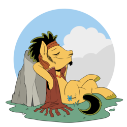 Size: 3000x3000 | Tagged: safe, artist:raph13th, flax seed, earth pony, pony, g4, arm behind head, cloud, colored, commission, crossed legs, eyes closed, flat colors, grass, high res, male, outdoors, relaxing, rock, sitting, sitting on ground, smiling, solo, stallion, wide smile