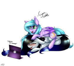 Size: 2838x2528 | Tagged: safe, artist:harmonyskish, oc, oc only, oc:cyan crystal, oc:moonflare, pegasus, pony, blushing, computer, female, gay, high res, laptop computer, male, mare, prone, simple background, transparent background