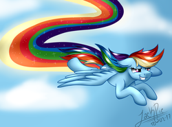 Size: 1820x1350 | Tagged: safe, artist:jack-pie, rainbow dash, pegasus, pony, g4, female, flying, signature, smiling, solo, trail, wings