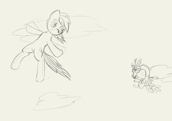 Size: 2000x1400 | Tagged: safe, artist:gliconcraft, discord, rainbow dash, draconequus, pegasus, pony, g4, cloud, cloudy, flying, monochrome, sketch, sky