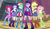 Size: 1904x1090 | Tagged: safe, screencap, applejack, bright idea, cherry crash, fluttershy, mystery mint, pinkie pie, rainbow dash, rarity, thunderbass, twilight sparkle, valhallen, equestria girls, g4, my little pony equestria girls: rainbow rocks, backpack, balloon, boots, bowtie, bracelet, clothes, compression shorts, cookie, cowboy boots, cowboy hat, denim skirt, hat, high heel boots, jewelry, leg warmers, pantyhose, pleated skirt, ripped pantyhose, shoes, shorts, skirt, socks, stetson