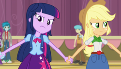 Size: 1904x1090 | Tagged: safe, screencap, applejack, bright idea, mystery mint, thunderbass, twilight sparkle, equestria girls, g4, my little pony equestria girls: rainbow rocks, backpack, boots, bowtie, clothes, cowboy hat, denim skirt, freckles, hat, high heel boots, lightbulb, necktie, pantyhose, pleated skirt, ripped pantyhose, shoes, skirt, sneakers, stetson