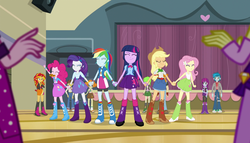 Size: 1904x1090 | Tagged: safe, screencap, adagio dazzle, applejack, aria blaze, cherry crash, fluttershy, pinkie pie, rainbow dash, rarity, scribble dee, sunset shimmer, thunderbass, twilight sparkle, valhallen, wiz kid, equestria girls, g4, my little pony equestria girls: rainbow rocks, backpack, balloon, boots, bowtie, bracelet, clothes, compression shorts, cookie, cowboy boots, cowboy hat, denim skirt, fingerless gloves, freckles, gloves, hat, heart, high heel boots, holding hands, jewelry, leg warmers, necktie, pantyhose, pencil, plaid, pleated skirt, ripped pantyhose, sandals, scarf, shoes, shorts, skirt, sneakers, socks, sparkles, stetson