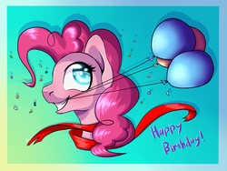 Size: 2048x1536 | Tagged: safe, artist:shkura2011, pinkie pie, earth pony, pony, g4, balloon, bust, female, happy birthday, mouth hold, portrait, solo