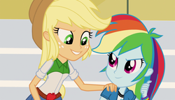 Size: 1904x1090 | Tagged: safe, screencap, applejack, rainbow dash, equestria girls, g4, my little pony equestria girls: rainbow rocks, bracelet, female, jewelry, thumbs up, wristband