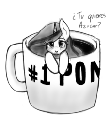 Size: 499x550 | Tagged: safe, artist:anearbyanimal, oc, oc only, oc:azucar, coffee pony, drink pony, food pony, goo pony, monster pony, original species, pony, blushing, coffee, coffee mug, cup, cup of pony, cute, dialogue, food, grayscale, lidded eyes, looking at you, micro, monochrome, mug, simple background, sketch, smiling, solo, spanish, spanish text, sugar (food), weapons-grade cute, white background