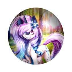 Size: 4500x4500 | Tagged: safe, artist:snowbunny0820, oc, oc only, oc:dayrie stterne, pony, unicorn, absurd resolution, female, flower, flower in hair, forest, heterochromia, mare, raised hoof, simple background, smiling, solo, transparent background