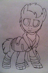 Size: 640x960 | Tagged: safe, artist:changelingtrash, artist:princessamity, oc, oc only, oc:pager, pony, clothes, firefighter, flashlight (object), gear, hood, jacket, male, monochrome, simple background, sketch, smiling, solo, straight