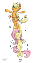 Size: 1836x3264 | Tagged: safe, artist:zsparkonequus, applejack, fluttershy, pony, g4, eyes closed, holding a pony, leaves, mario & luigi, simple background, spinning, super mario