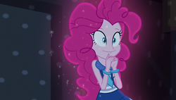 Size: 1920x1090 | Tagged: safe, screencap, pinkie pie, equestria girls, g4, my little pony equestria girls: friendship games, bracelet, female, glowing hair, jewelry, necktie, smiling, solo, sparkles