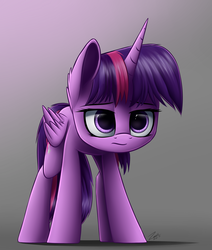 Size: 1692x2000 | Tagged: safe, artist:deltauraart, twilight sparkle, alicorn, pony, g4, female, frown, gradient background, looking at you, solo, tired, twilight sparkle (alicorn)