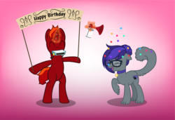 Size: 2376x1621 | Tagged: safe, artist:firefall-mlp, oc, oc only, oc:cat pony, oc:firefall, cat pony, original species, pony, unicorn, airhorn, banner, bipedal, confetti, glasses, harmonica, magic, male, musical instrument, stallion