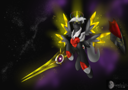 Size: 1024x724 | Tagged: safe, artist:humble-ravenwolf, oc, oc only, oc:ravenhoof, alicorn, pony, alicorn oc, crown, four winged, halo, jewelry, male, regalia, shield, space, stallion, sword, weapon