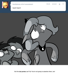 Size: 666x763 | Tagged: safe, artist:egophiliac, princess luna, oc, oc:frolicsome meadowlark, oc:sunshine smiles (egophiliac), bat pony, pony, moonstuck, g4, eyepatch, filly, grayscale, monochrome, scared, tumblr, tumblr comic, woona, woonoggles, younger