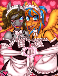 Size: 2975x3850 | Tagged: safe, artist:ladypixelheart, oc, oc only, oc:cold front, oc:disty, pegasus, anthro, apron, bow, choker, clothes, crossdressing, femboy, gloves, headdress, heart, heart eyes, heart hands, high res, long gloves, maid, male, ruffles, trap, wingding eyes