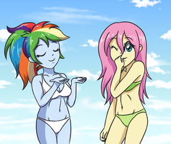 Size: 3507x2952 | Tagged: safe, artist:sumin6301, fluttershy, rainbow dash, equestria girls, g4, alternate hairstyle, belly button, bikini, breasts, cleavage, clothes, cloud, eyes closed, female, green swimsuit, high res, legs together, lesbian, looking at you, ship:flutterdash, shipping, sky, swimsuit, white swimsuit