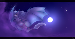 Size: 3700x1960 | Tagged: safe, artist:nightskrill, oc, oc only, dracony, hybrid, pony, cloud, commission, commission info, female, flying, full moon, horn, large wings, looking at you, mare, moon, night, solo, spread wings, stars, wings