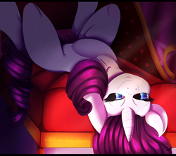 Size: 2200x1948 | Tagged: safe, artist:iblisart, rarity, pony, unicorn, g4, couch, female, lidded eyes, lying down, mare, on back, smiling, solo, upside down