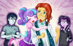 Size: 1400x880 | Tagged: safe, artist:uotapo, princess flurry heart, shining armor, starlight glimmer, sunburst, human, equestria girls, g4, angry, blushing, clothes, colored pupils, cracking knuckles, cross-popping veins, cute, discussion in the comments, equestria girls-ified, eyes closed, father and child, father and daughter, female, flurrybetes, flurryburst, glasses, hug, hug from behind, implied starburst, jealous, male, off shoulder, older, open mouth, overprotective, overprotective armor, pants, papa bear, papa wolf, priest, puffy sleeves, shipping, shirt, shoes, skirt, smiling, starlight glimmer is not amused, sunburst gets all the mares, sweat, sweatdrop, this will end in death, this will not end well, unamused