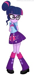 Size: 1600x3468 | Tagged: safe, artist:wawtoons, sci-twi, twilight sparkle, equestria girls, g4, arm behind back, backpack, boots, bowtie, clothes, clothes swap, cute, equestria girls outfit, female, glasses, hair bun, leg warmers, pleated skirt, shoes, simple background, skirt, solo, twiabetes, vector, watermark, white background