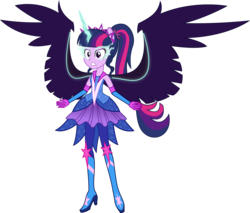Size: 6121x5218 | Tagged: safe, artist:osipush, sci-twi, twilight sparkle, equestria girls, g4, my little pony equestria girls: legend of everfree, absurd resolution, alternate universe, boots, commission, corrupted, crystal guardian, female, glowing horn, high heel boots, horn, midnight sparkle, ponied up, ponytail, simple background, solo, sparkles, spread wings, super ponied up, transparent background, vector, wings