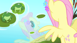 Size: 1280x720 | Tagged: safe, screencap, fluttershy, frog, pegasus, pony, filli vanilli, g4, butt, cute, female, flower, flower in hair, mare, music in the treetops, open mouth, plot, reflection, shyabetes, smiling, spread wings