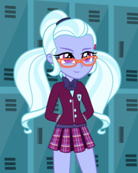 Size: 1268x1584 | Tagged: artist needed, safe, sugarcoat, equestria girls, g4, clothes, crystal prep academy uniform, female, glasses, lockers, school uniform, solo