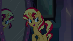 Size: 640x360 | Tagged: safe, screencap, sunset shimmer, pony, unicorn, equestria girls, g4, my little pony equestria girls, bag, female, magic mirror, mirror, saddle bag, solo