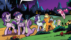 Size: 1136x640 | Tagged: safe, artist:andy price, idw, applejack, fluttershy, pinkie pie, rainbow dash, rarity, spike, starlight glimmer, twilight sparkle, alicorn, dragon, pony, g4, spoiler:comic48, mane six, twilight sparkle (alicorn)