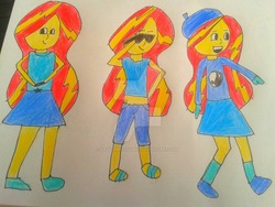 Size: 900x675 | Tagged: safe, artist:savvyprodigy2612, sunset shimmer, equestria girls, g4, beret, clothes, cute, female, midriff, shoes, skirt, socks, solo, sunglasses, traditional art, watermark