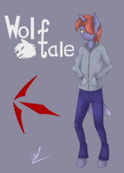Size: 3751x5224 | Tagged: safe, artist:wolfy-pony, oc, oc only, oc:harmonic wolfsbane, hybrid, unicorn, wolf, anthro, unguligrade anthro, absurd resolution, anthro oc, clothes, hair over one eye, looking at you, male, pants, simple background, solo, stallion, standing, sweater, text
