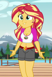 Size: 480x720 | Tagged: safe, edit, edited screencap, editor:ah96, screencap, sunset shimmer, equestria girls, g4, my little pony equestria girls: legend of everfree, belly button, breast edit, breasts, cleavage, cute, female, midriff, shimmerbetes, solo