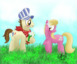 Size: 1024x853 | Tagged: safe, artist:northlights8, lily, lily valley, steamer, earth pony, pony, g4, blushing, bouquet, female, male, shipping, stallion, steamervalley, straight