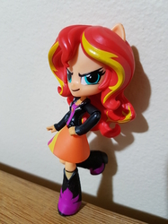 Size: 907x1210 | Tagged: safe, artist:lockerobster, sunset shimmer, equestria girls, g4, >:), boots, clothes, customized toy, cute, doll, equestria girls minis, evil grin, grin, high heel boots, irl, jacket, leather jacket, photo, pure unfiltered evil, shimmerbetes, skirt, smiling, smirk, solo, toy