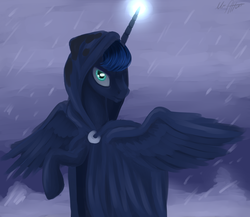Size: 2000x1733 | Tagged: safe, artist:wourdeluck, princess luna, spirit of hearth's warming yet to come, alicorn, pony, a hearth's warming tail, g4, cloak, clothes, female, glowing horn, horn, mare, snow, snowfall, solo, spread wings