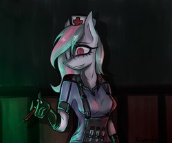 Size: 2322x1939 | Tagged: safe, artist:taleriko, oc, oc only, oc:minty rose, anthro, rcf community, anthro oc, clothes, dieselpunk, eyepatch, female, gloves, mare, nurse, nurse outfit, shirt, solo, syringe, t-shirt
