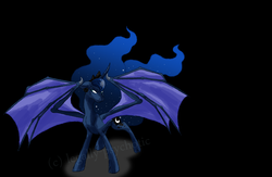Size: 3928x2562 | Tagged: safe, artist:cranberry--zombie, princess luna, alicorn, bat pony, bat pony alicorn, pony, g4, bat wings, black background, curved horn, female, high res, horn, lunabat, race swap, simple background, solo, spread wings