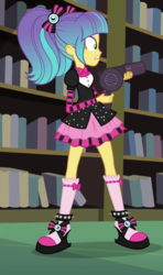 Size: 424x718 | Tagged: safe, screencap, pixel pizazz, equestria girls, g4, photo finished, book, clothes, cropped, female, hair dryer, pigtails, shoes, skirt, socks, solo, twintails