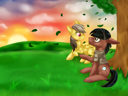 Size: 1600x1200 | Tagged: safe, artist:cinnamon-scroll, daring do, oc, oc:phillip finder, earth pony, pegasus, pony, g4, canon x oc, leaves, missing accessory, phiring, ring, shipping, sunset, tree, wedding ring