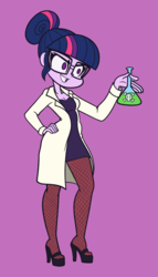 Size: 857x1500 | Tagged: safe, artist:khuzang, sci-twi, twilight sparkle, equestria girls, g4, breasts, cleavage, clothes, dress, evil smile, female, fishnet pantyhose, fishnet stockings, glasses, grin, hair bun, high heels, lab coat, mad scientist, pantyhose, potion, purple background, smiling
