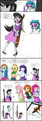 Size: 713x2048 | Tagged: safe, artist:uotapo, applejack, dj pon-3, fluttershy, octavia melody, pinkie pie, rainbow dash, rarity, sunset shimmer, vinyl scratch, equestria girls, g4, bracelet, broken, cello, clothes, comic, cowboy hat, denim skirt, electric cello, hat, headphones, high heels, iphone, jacket, japanese, jazz, jewelry, leather jacket, leggings, musical instrument, mute, mute vinyl, shoes, simple background, skirt, sneakers, socks, speech bubble, stetson, sunglasses, translated in the comments, white background