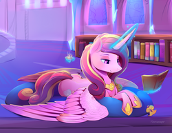 Size: 2200x1700 | Tagged: safe, artist:viwrastupr, princess cadance, alicorn, pony, g4, book, castle, cup, female, glowing horn, horn, jewelry, lidded eyes, magic, mare, pillow, prone, reading, regalia, smiling, solo