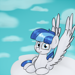 Size: 1000x1000 | Tagged: safe, artist:chibadeer, oc, oc only, oc:rainy, pegasus, pony, cloud, looking at you, lying, male, on a cloud, smiling, solo, spread wings, stallion, wings