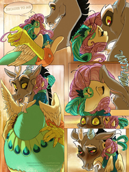 Size: 850x1130 | Tagged: safe, artist:thecuriousfool, discord, fluttershy, draconequus, pegasus, pony, comic:the night has just begun, g4, make new friends but keep discord, blushing, clothes, comic, dress, female, gala dress, male, ship:discoshy, shipping, straight