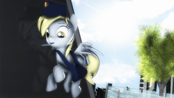 Size: 3840x2159 | Tagged: safe, artist:selestlight, derpy hooves, pegasus, pony, g4, 3d, city, female, flying, hat, high res, mailbag, mailmare, mare, solo, source filmmaker, tree