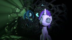 Size: 1920x1080 | Tagged: safe, artist:leomlp, queen chrysalis, starlight glimmer, changeling, pony, unicorn, g4, to where and back again, 3d, hiding, poster, remake, scene interpretation, search, source filmmaker, throne