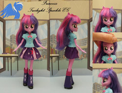 Size: 1023x781 | Tagged: safe, artist:shiveringcanvas, twilight sparkle, equestria girls, g4, book, bowtie, clothes, customized toy, irl, leg warmers, library, photo, pony eyes, shoes, skirt, toy